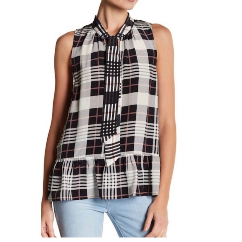 Joie‎ silk Estero top plaid peplum bow tie